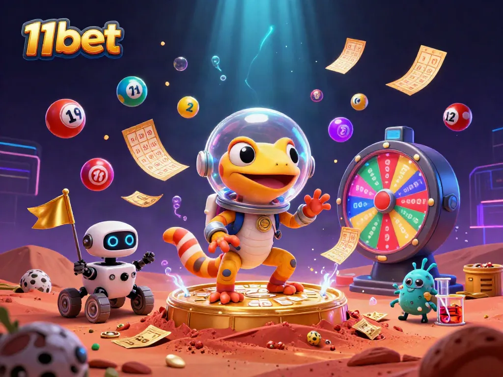 11bet showcases a Martian gecko exploring a golden casino amidst dynamic lottery elements.
