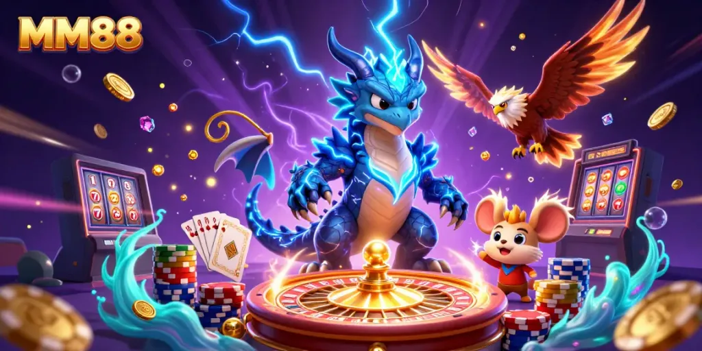 Engage with thrilling MM88 casino gameplay featuring a thunder dragon, hawk, and dynamic gaming elements.