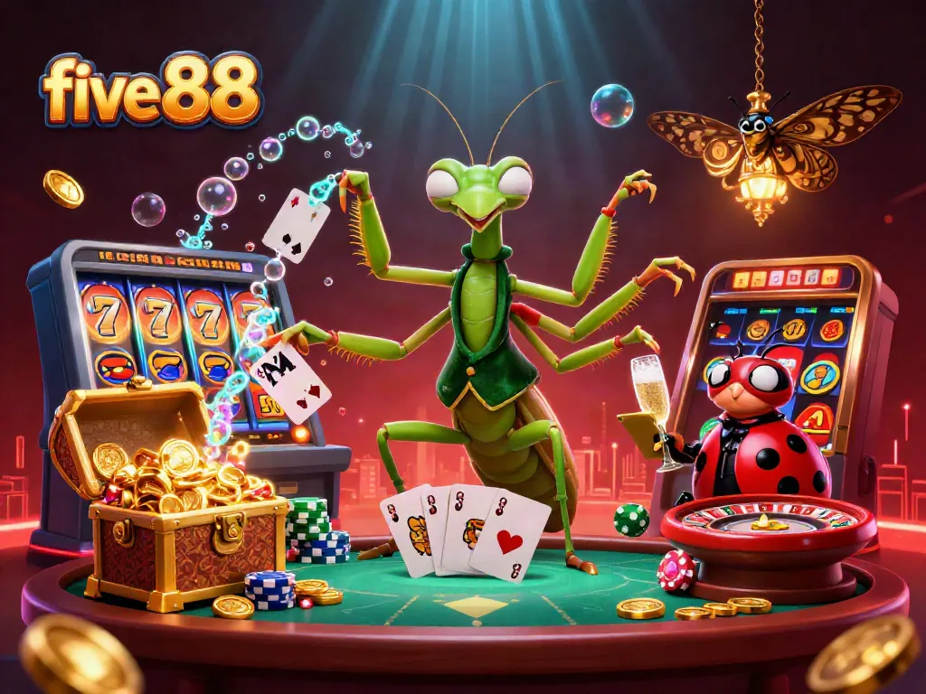Experience the electric excitement of five 88 as a playful praying mantis deals cards and pours champagne in a vibrant casino