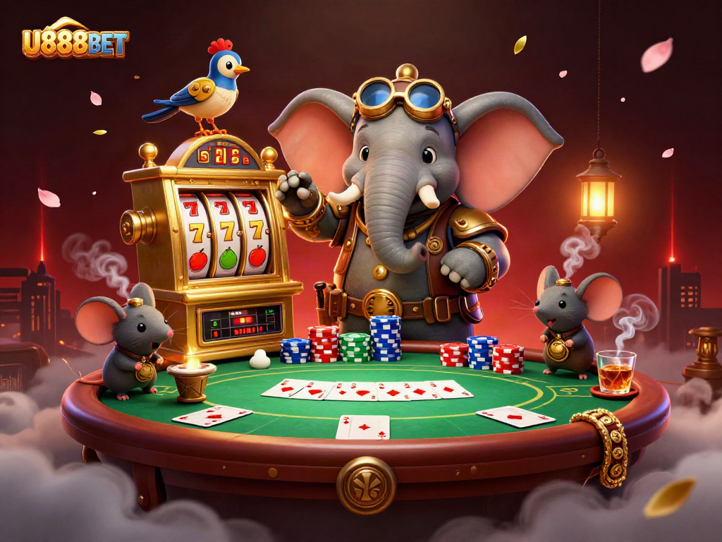 Experience thrilling gameplay with U888BET's golden slot machines and dynamic casino scene.