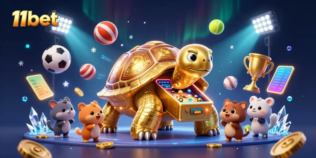Engage with 11bet's dynamic betting world featuring a golden tortoise pinball machine and excited players.