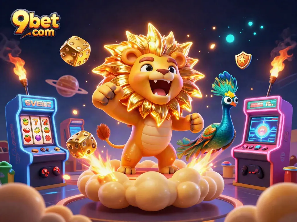 Engage with thrilling gameplay at 9bet com as a cartoon lion roars on clouds with gaming elements.