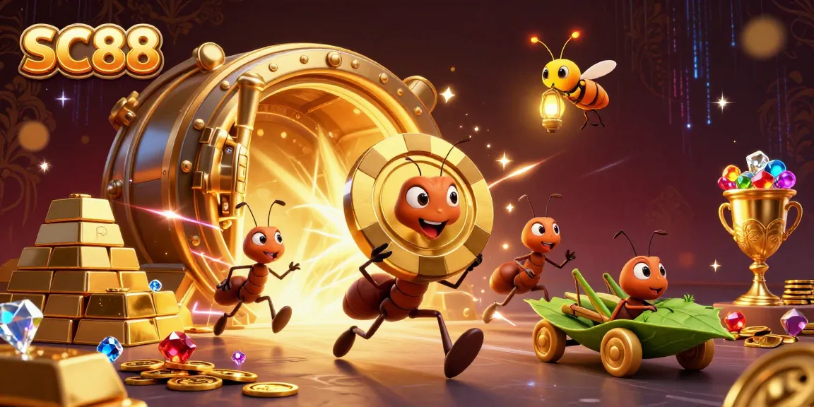 SC88 captures ants heisting a giant poker chip amidst treasures, illustrating casino excitement.