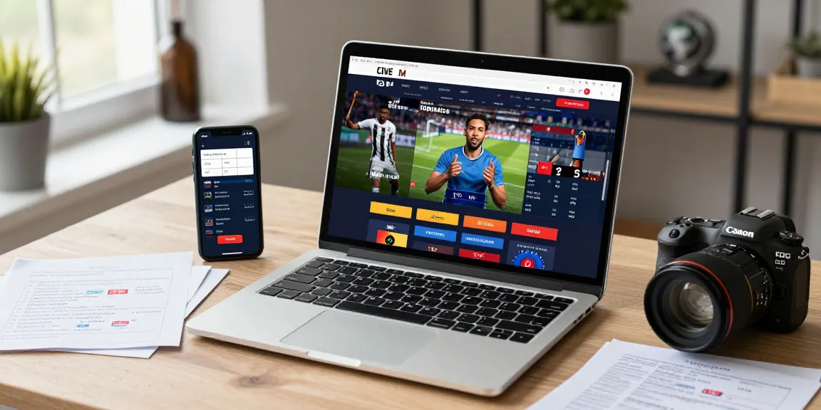 Uživatel aktivně využívající zahraniční sázkové kanceláře na svém notebooku s mobilním zařízením a sportovními memorabiliemi.