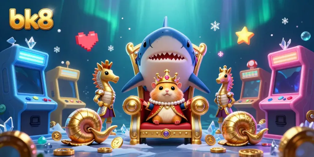 Experience bk8's thrilling casino adventure with a golden hamster king in a vibrant 3D underwater kingdom.