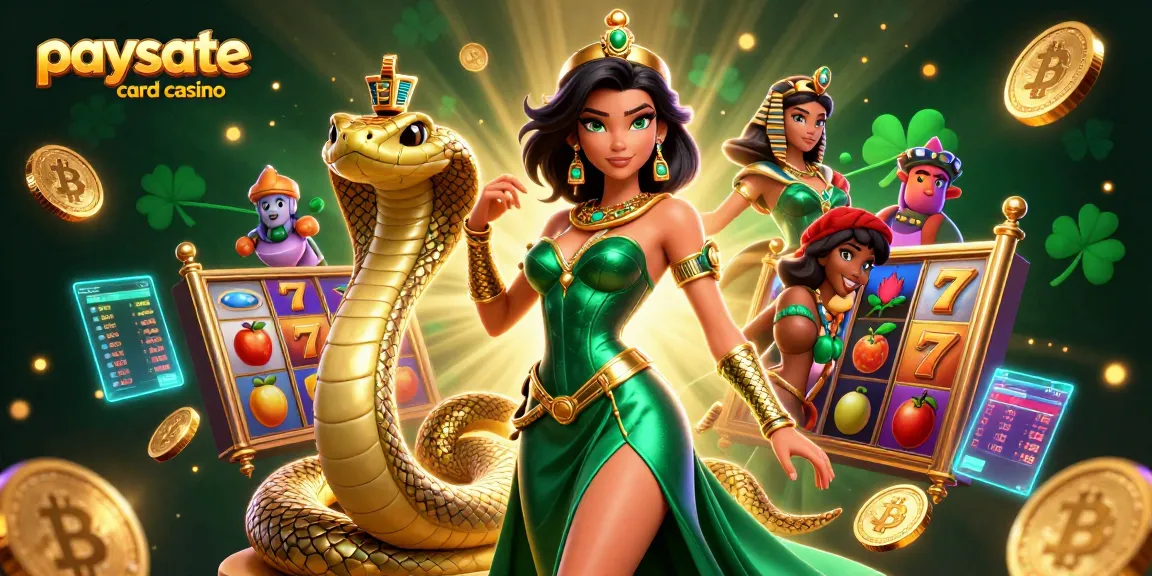 Erleben Sie die Aufregung des Paysafe Card Casinos mit lebhaften Spielautomaten und einem einzigartigen Kobra-Begleiter in dieser dynamischen 3D-Illustration.