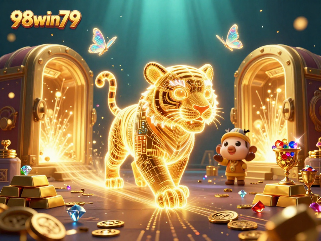 Engage with 98win79's vibrant casino experience, featuring a golden tiger and treasure in a digital landscape.