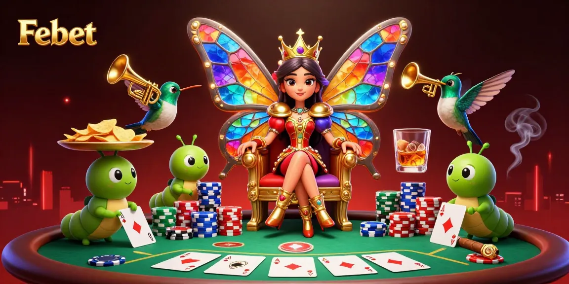 Experience vibrant gambling action at Febet with a butterfly queen and poker elements.
