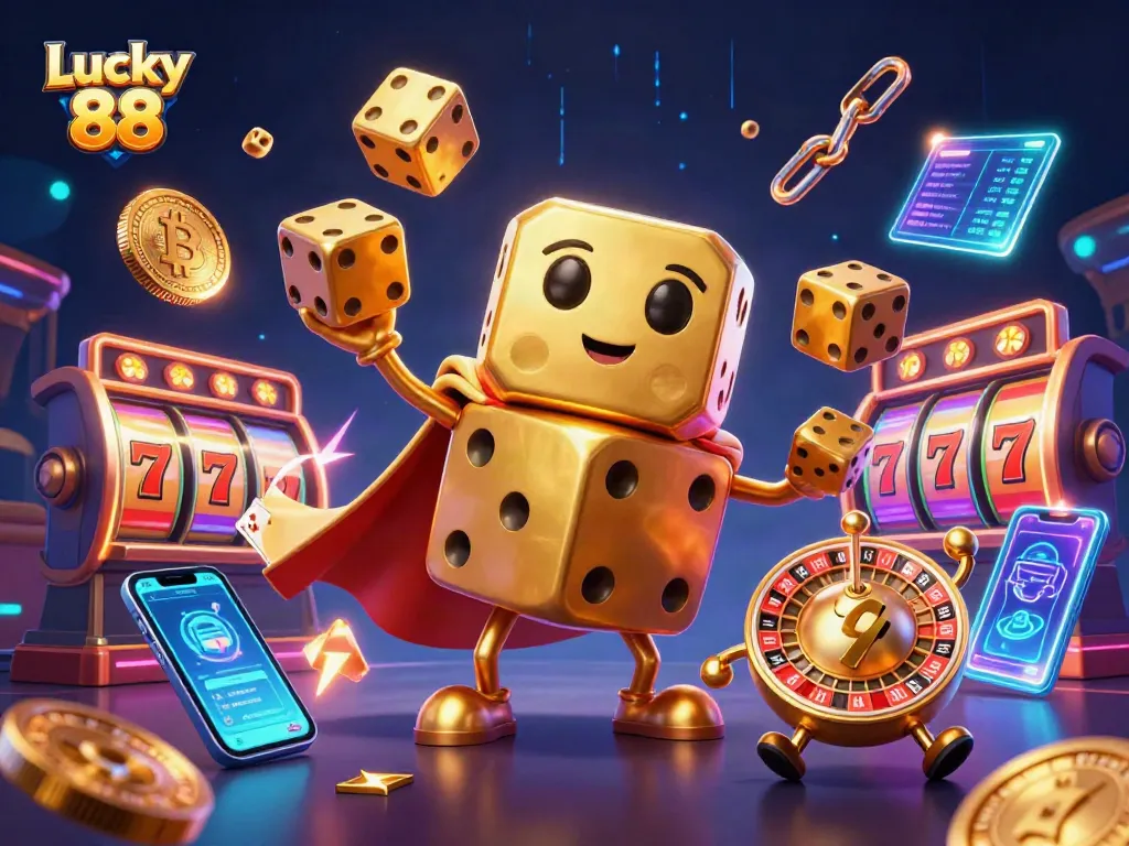 Engage with Lucky 88 slot dynamics through a vibrant casino scene with golden dice and crypto coins.