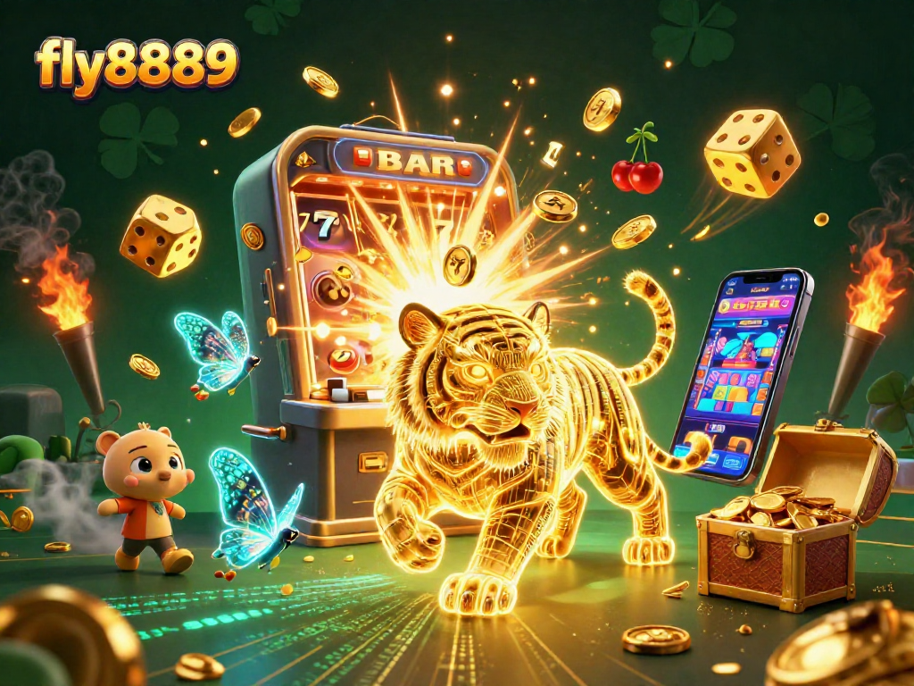 Experience the thrill at fly8889 with the electrifying golden tiger in a vibrant digital casino