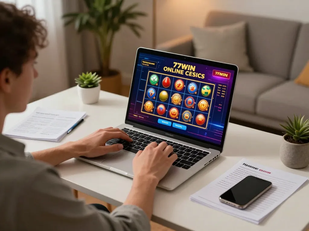 Engaged player at 77WIN online casino enjoying gaming on a laptop in a cozy home setup