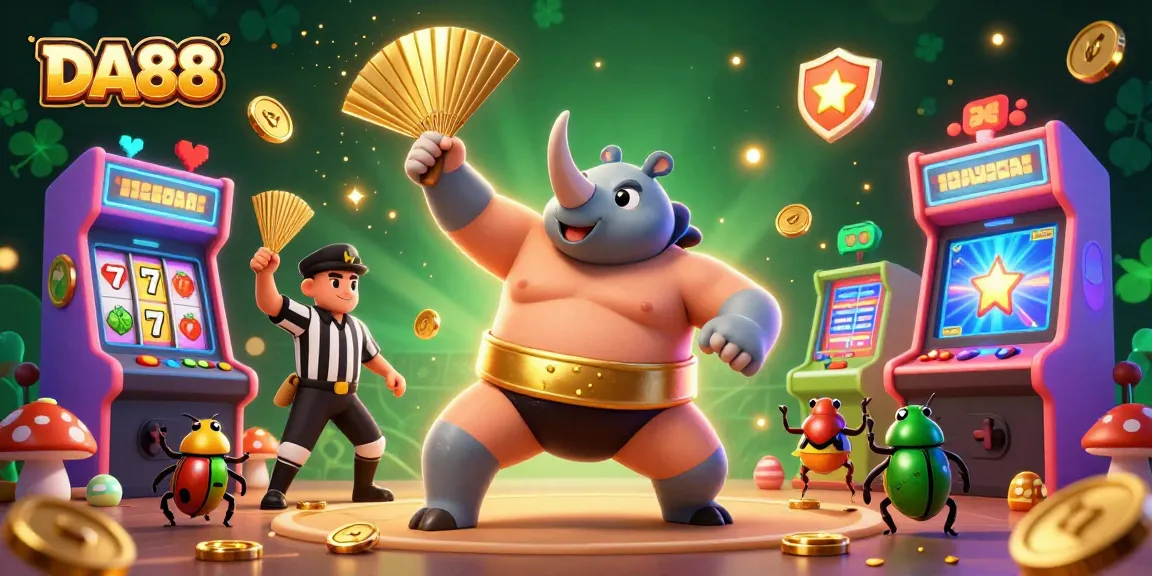 Experience thrilling action with DA88 as a beetle champion stomps coins in a vibrant casino scene.