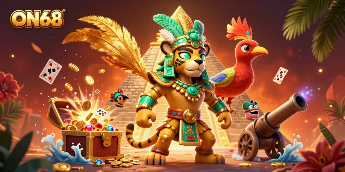 Experience thrilling gameplay at ON68 with a festive scene featuring a Mayan jaguar priest and treasures.