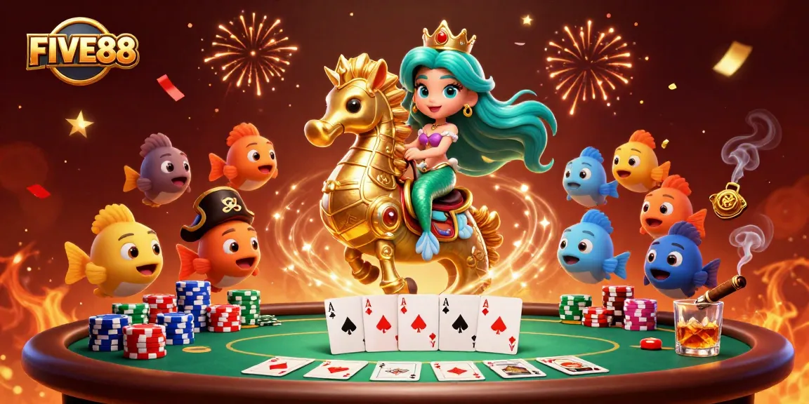 Experience exciting plays at FIVE88 casino with a vibrant mermaid and seahorse scene full of poker elements.