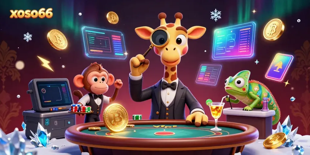Experience the excitement of xoso66 with a vibrant casino scene featuring lively cartoon characters and dynamic gaming elements.