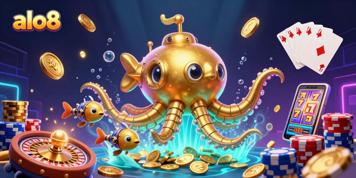 Experience thrilling gameplay at alo8 with vibrant casino elements and a golden kraken submarine.