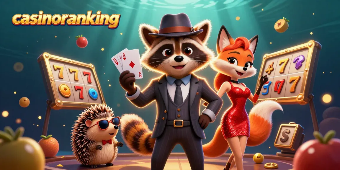 Experience gaming excitement at casinoranking with a raccoon, fox, and hedgehog in vibrant 3D casino illustration.