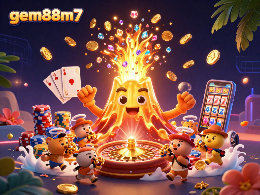 Engage in thrilling gameplay with treasures at gem88m7, featuring a golden volcano and vibrant casino elements.