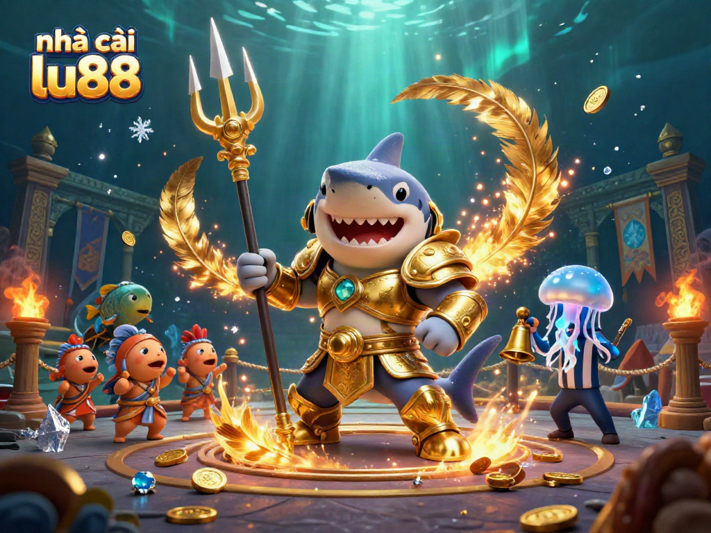 Engage with nhà cái lu88 through a vibrant underwater casino scene showcasing a brave shark gladiator.
