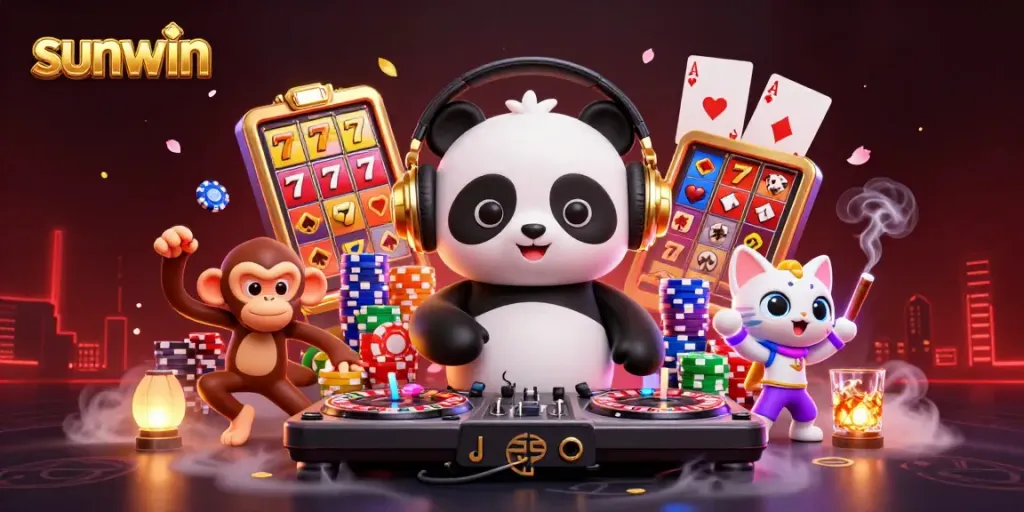 Experience exhilarating gameplay at sunwin with a vibrant scene featuring casino elements and lively characters.
