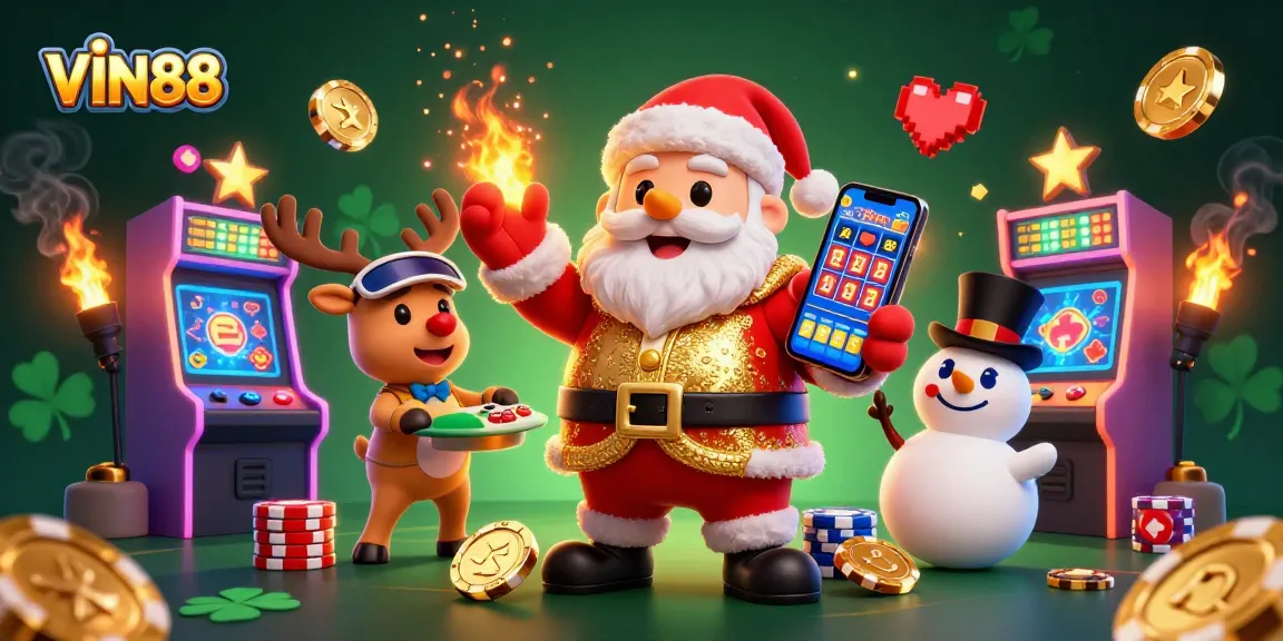 Engage with VIN88 as Santa and his friends enjoy vibrant casino games in a colorful 3D illustration.