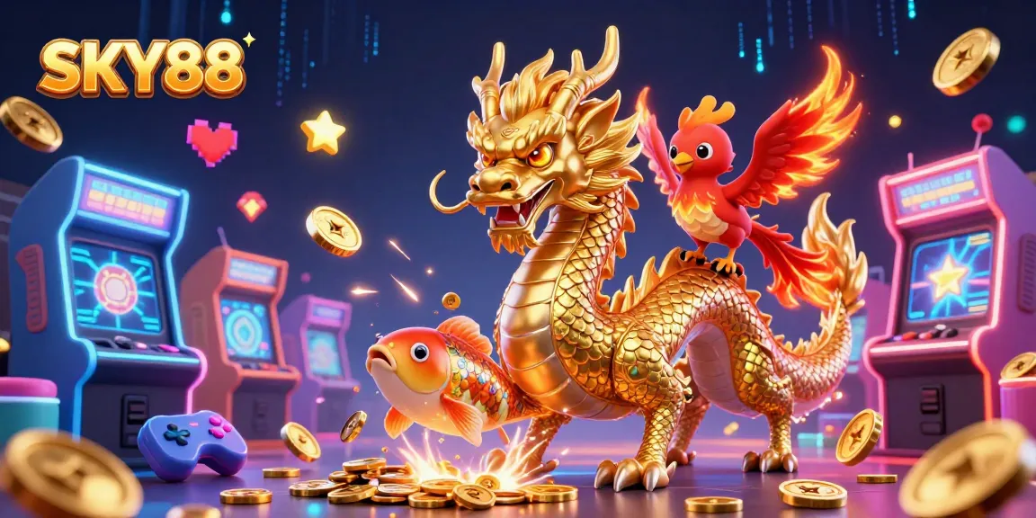 Experience thrilling gaming with SKY88 featuring a fierce dragon amidst dynamic casino elements.