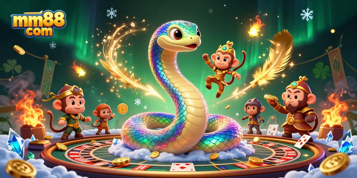 Experience exciting gaming at mm88 com with a vibrant live casino atmosphere featuring a rainbow serpent and playful characters.