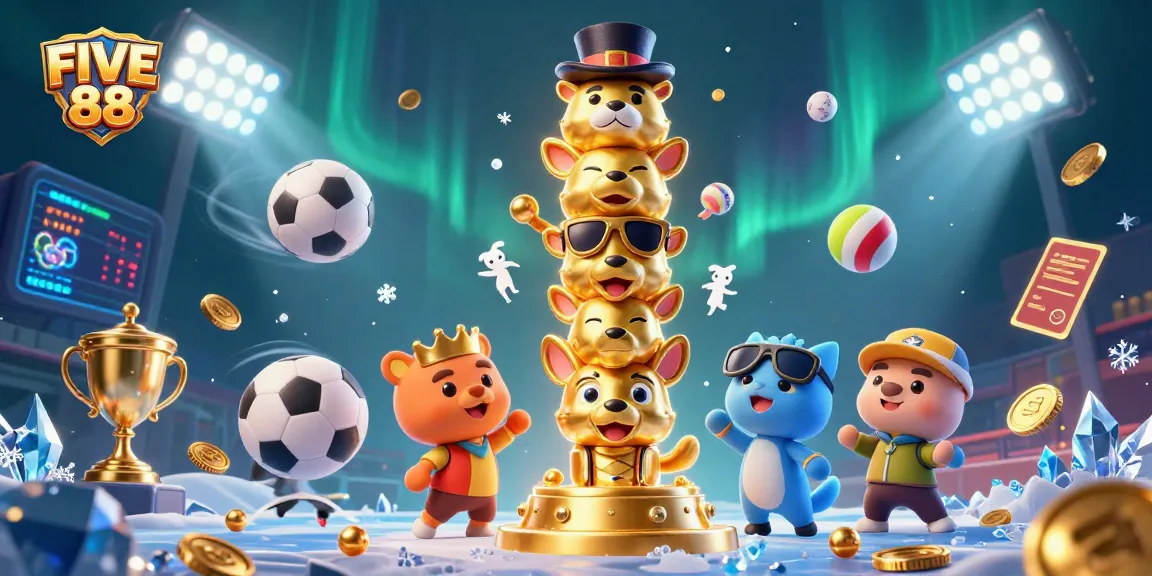 Experience the thrill of winning at FIVE 88 with dazzling casino-themed elements and energetic sports balls in this vibrant illustration.