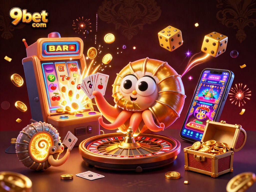 Experience the excitement of 9bet com with a vibrant 3D illustration of casino elements.
