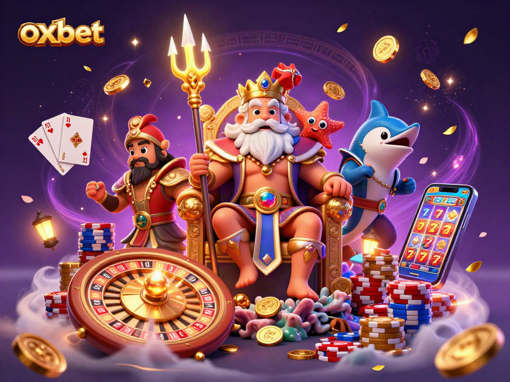 Engage with the thrilling world of oxbet featuring Neptune, golden coins, and vibrant casino elements.