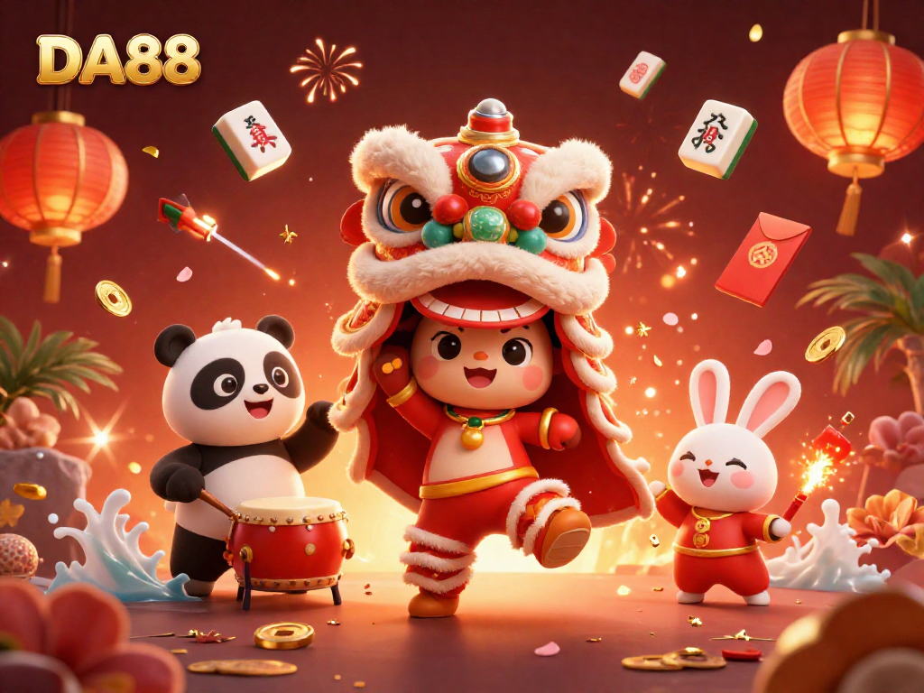 Experience the thrill of DA88 with vibrant casino elements and energetic characters celebrating in a festive scene.