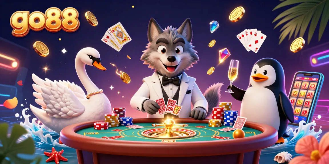 Experience the excitement of go88 with a vibrant 3D illustration of casino characters and games.