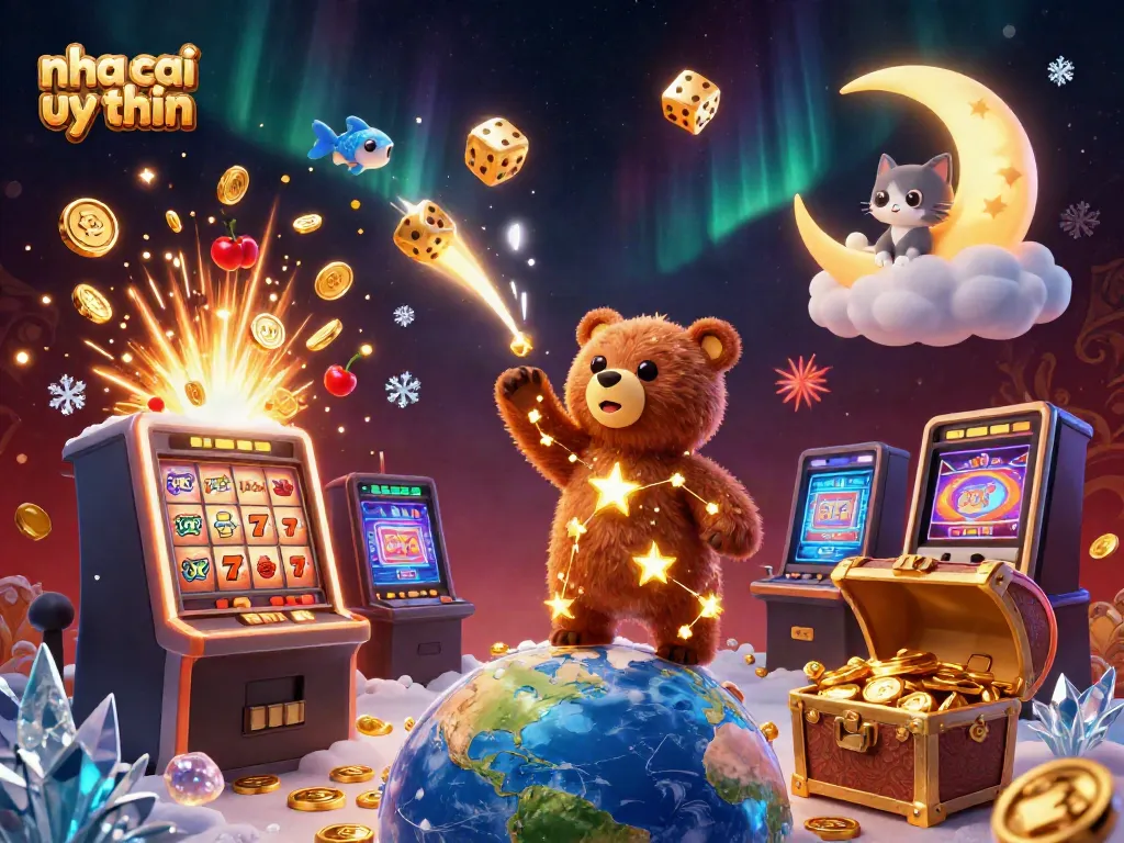 Experience excitement with nha cai uy tin illustrated in vibrant 3D, featuring shining stars and casino riches.