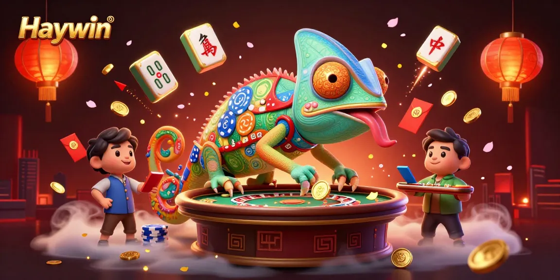 Haywin casino illustration showcasing a vibrant chameleon owner and dynamic gambling elements.