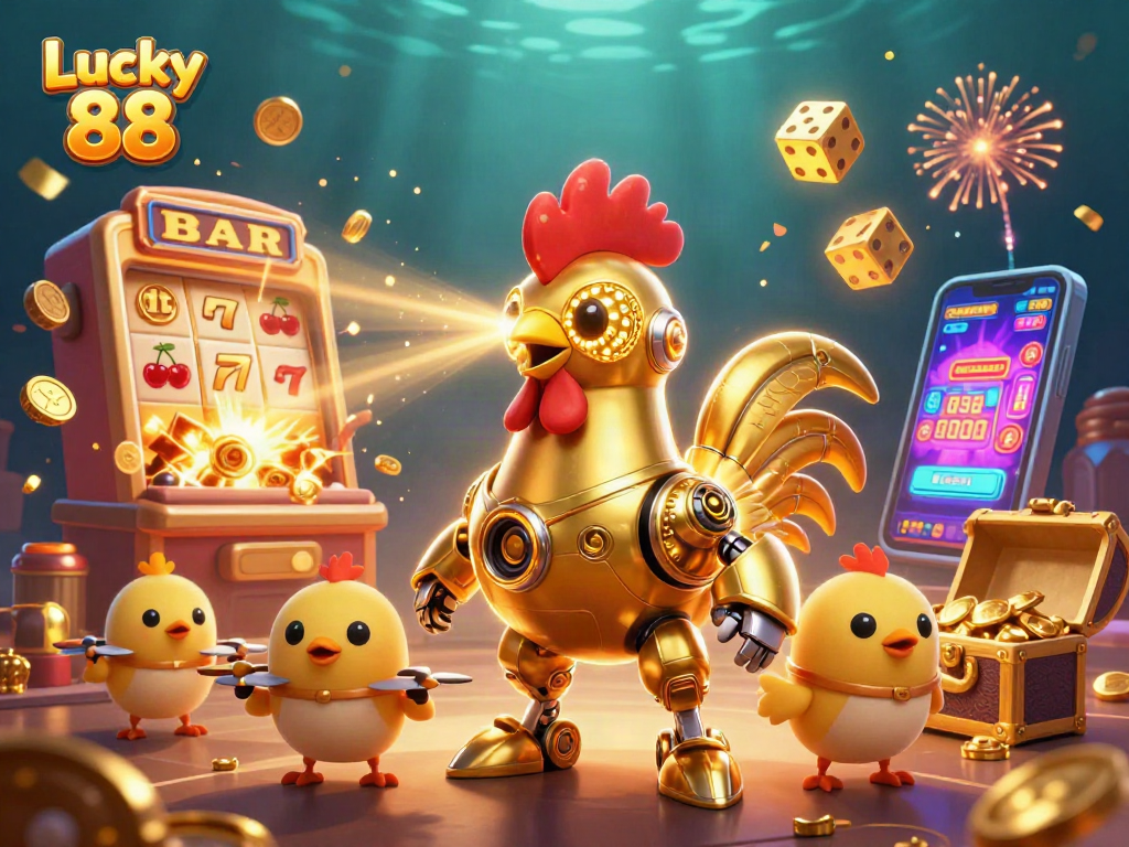 Engage with Lucky 88 as a golden rooster robot leads a dynamic casino adventure.