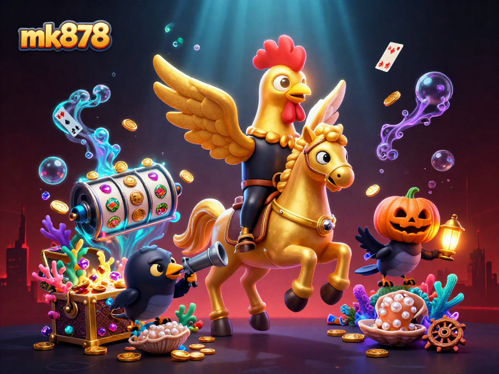 Join the exciting world of mk878 as golden rooster and friends explore a vibrant casino filled with treasures.