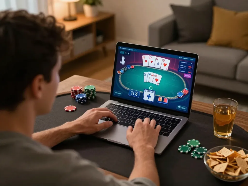 RR88 player focusing on online poker strategy in a cozy home setting