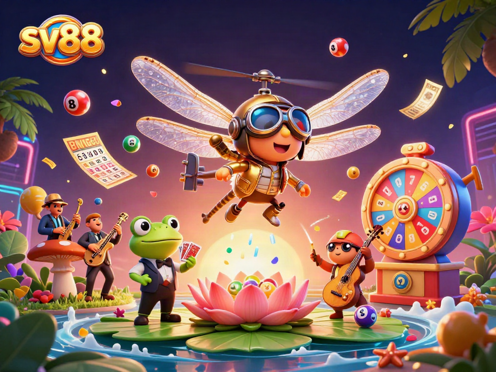 sv88 brings thrilling casino fun with an energetic scene of characters and vibrant elements.
