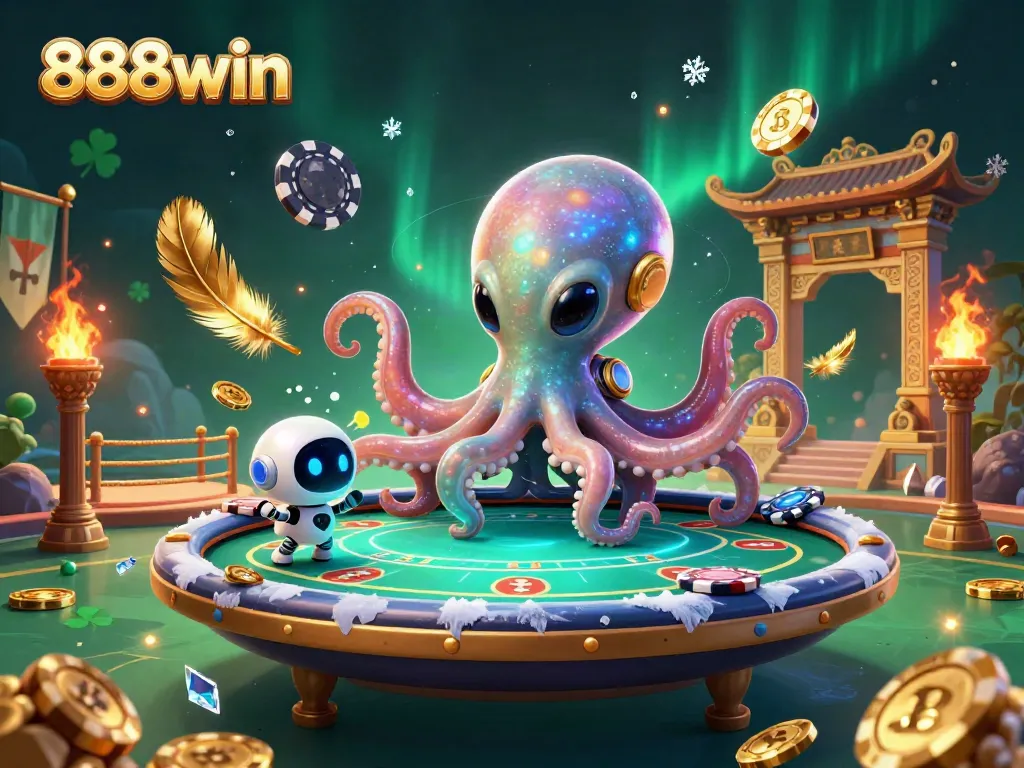 Experience thrilling gameplay at 888win with a vibrant scene of an alien octopus at a holographic poker table.