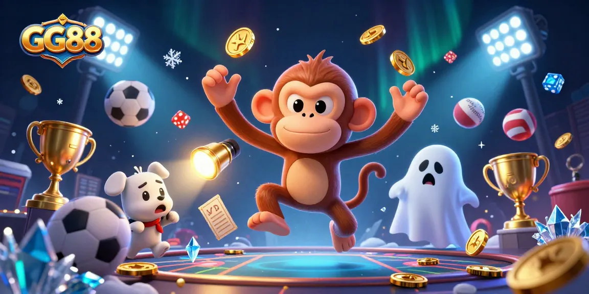 GG88 promotes fun with an engaging scene of a poltergeist monkey juggled casino elements.