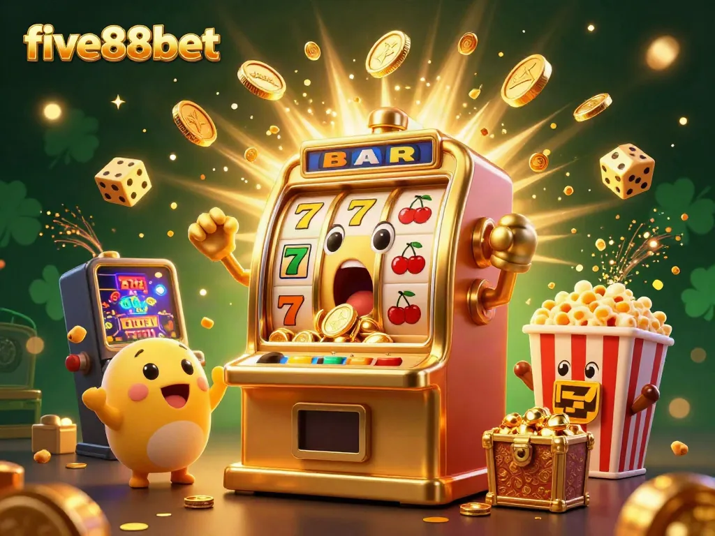 Experience the excitement of winning on five88bet with a lively 3D slot machine celebrating its jackpot.