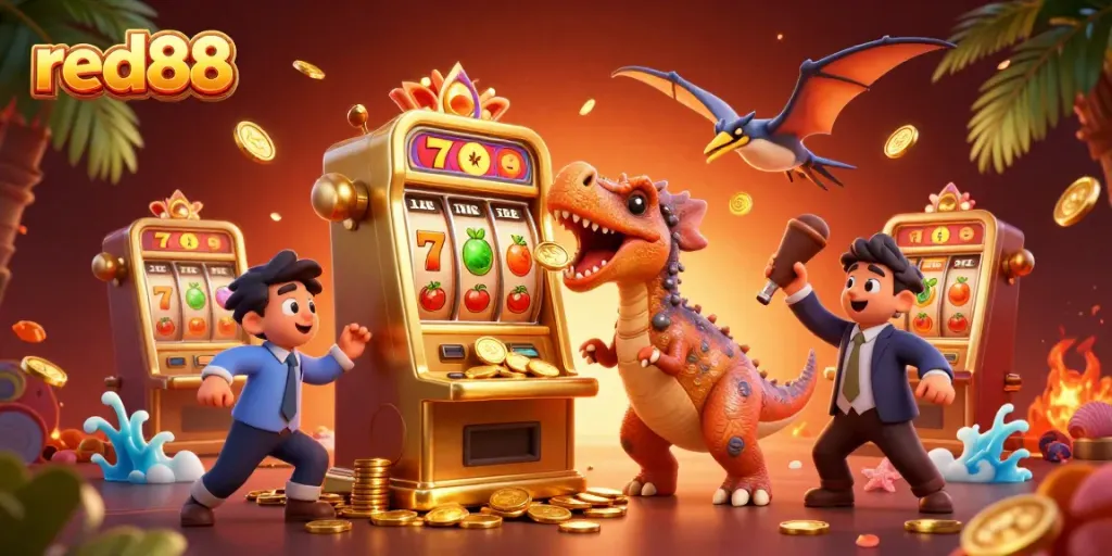 Experience thrilling wins at red88 with a dinosaur and casino characters in a dynamic slot scene.