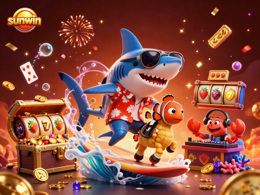Experience thrilling gameplay with sunwin, as a shark surfs gold coins in this vibrant casino illustration.