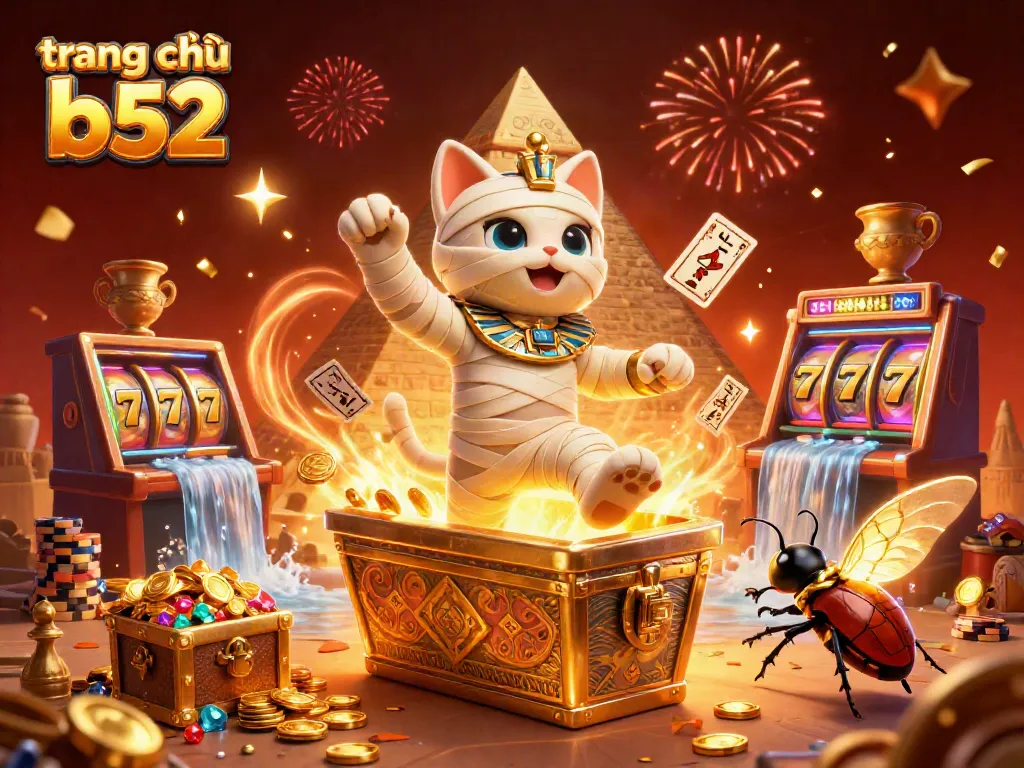 Experience the thrill at trang chủ b52 with a vibrant illustration of a mummy cat in a casino bursting with excitement.