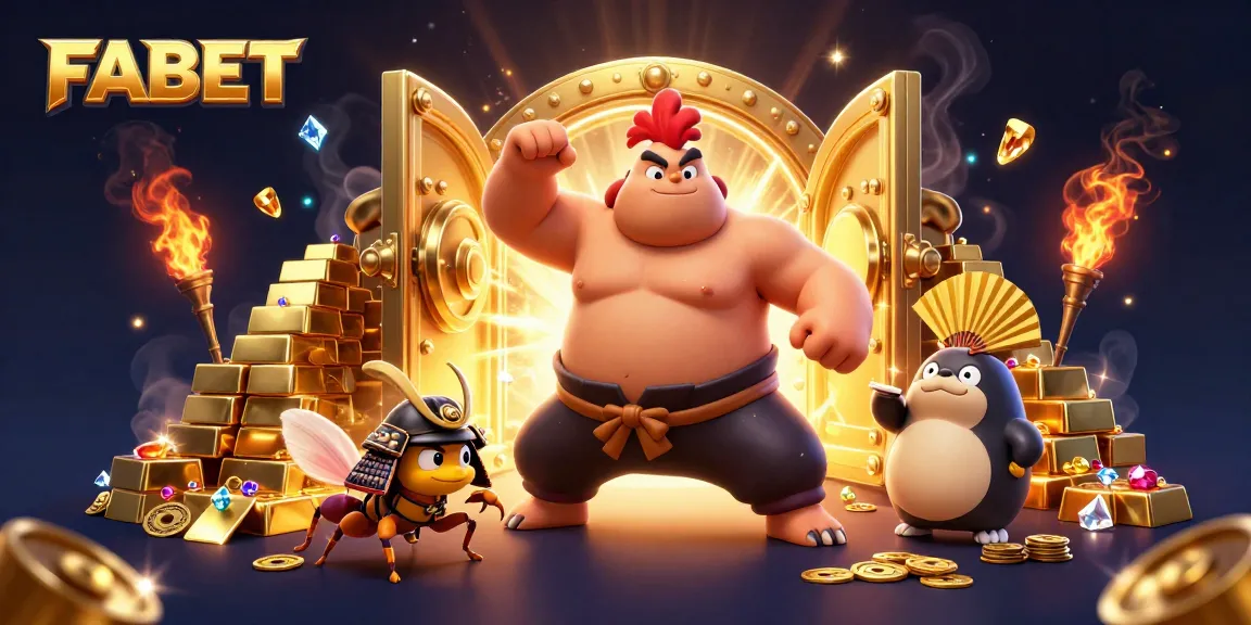Experience exciting wins with FABET in a lively casino-themed illustration full of treasures.