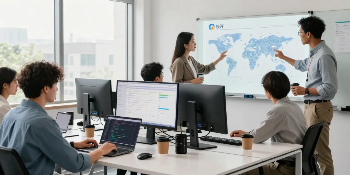 Developers collaborating on快连 software in a modern workspace with laptops and global network maps.