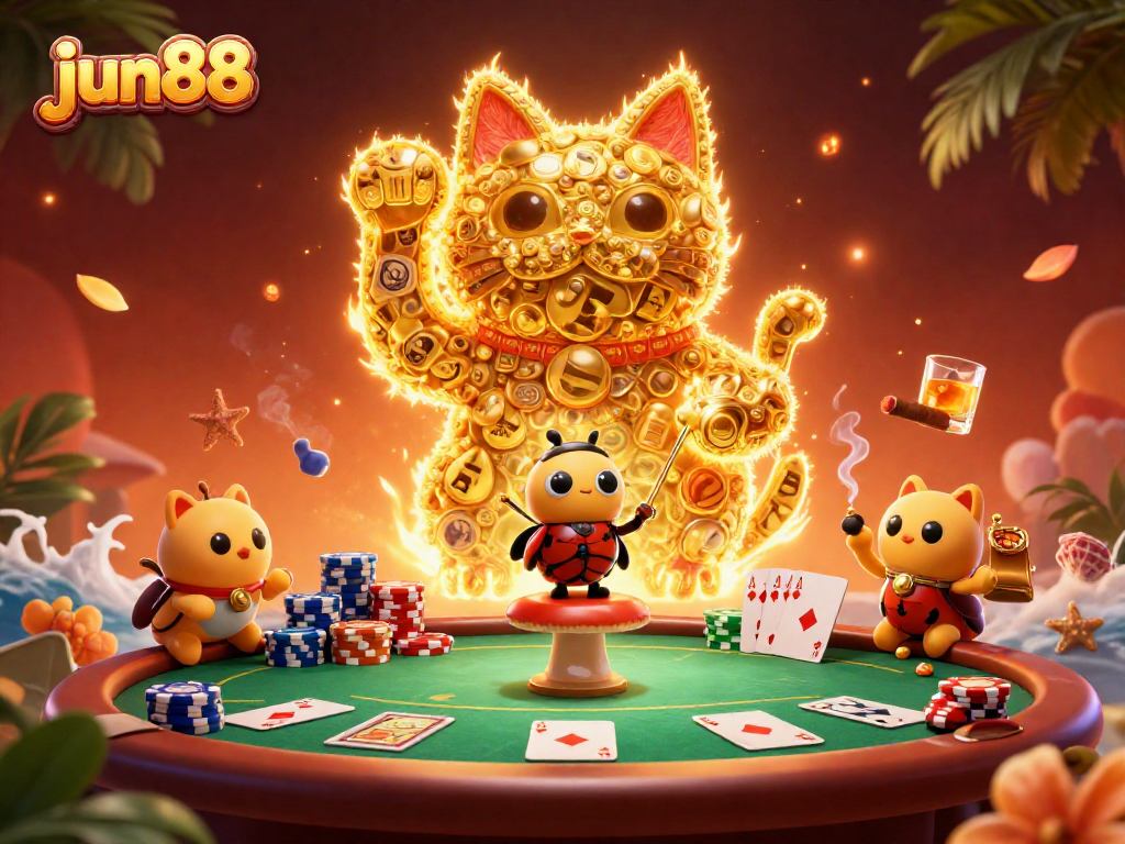 Experience thrilling moments with jun88 as golden fireflies create a lucky cat in a dynamic casino scene.