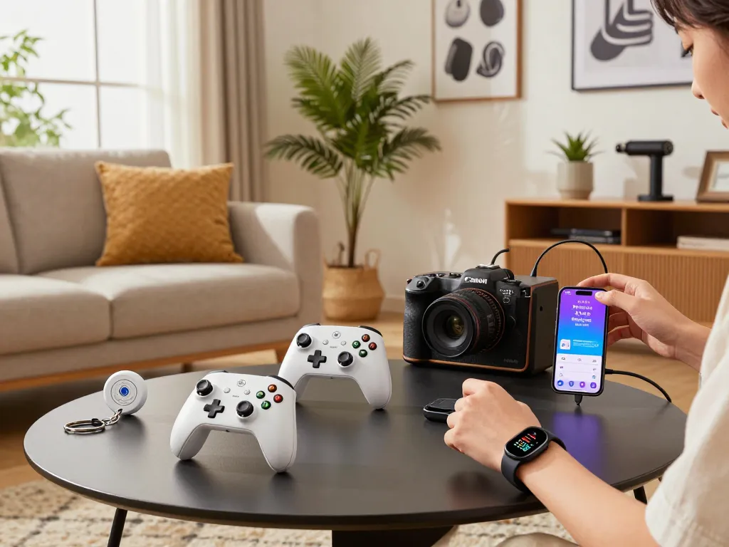 Showcase of innovative tech gadgets in a modern living room highlighting Bluetooth devices like the 8BitDo controller, Fitbit Charge 6, and Tile Mate for a tech-savvy lifestyle.