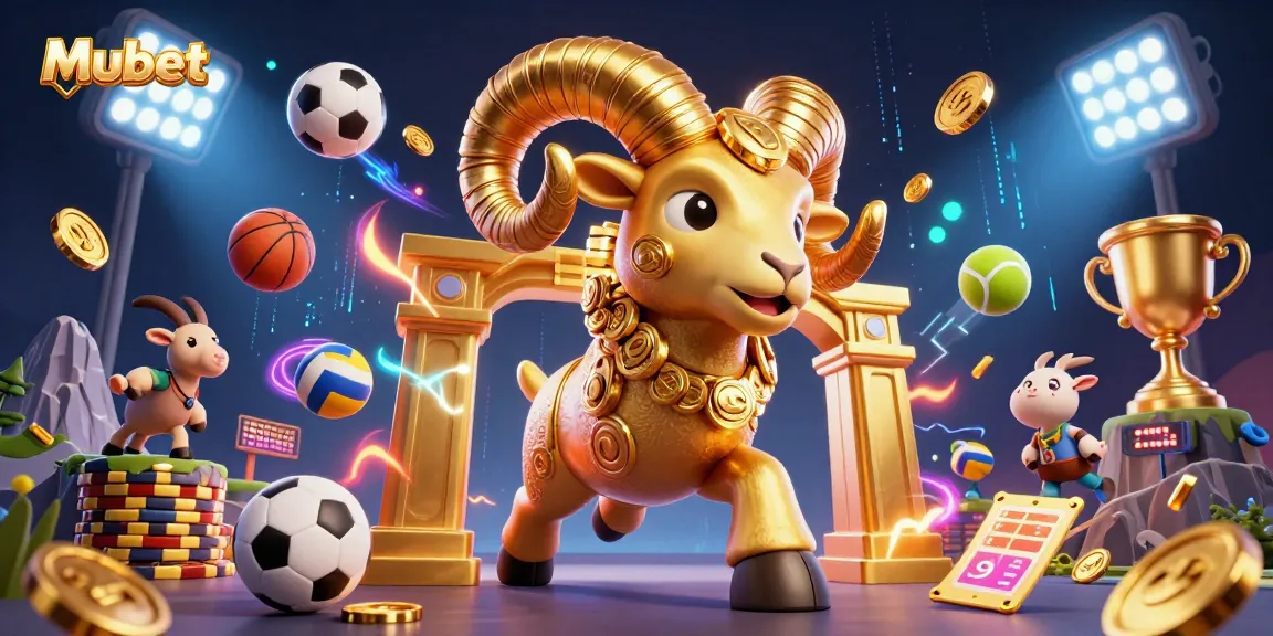Mubet inspires thrilling sports betting with a dynamic illustration of a golden ram charging towards victory among spectacular game elements.