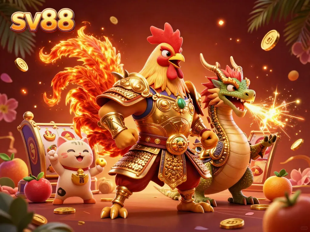 Experience thrilling gameplay at sv88 with dynamic characters amidst vibrant slot elements and a festive casino vibe.